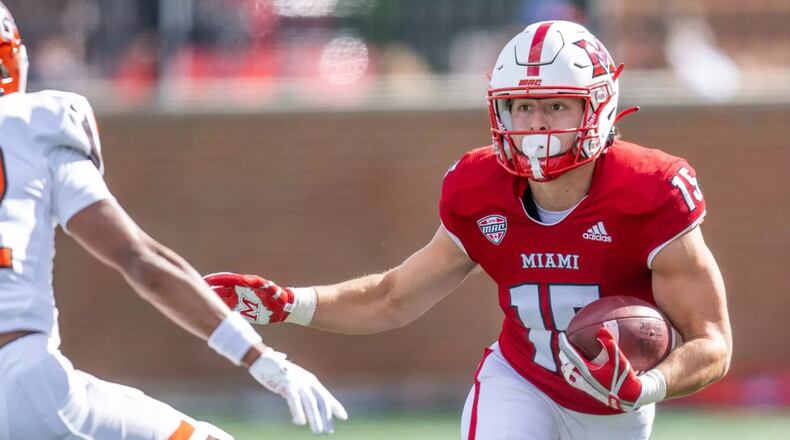 Miami's Cade McDonald (15) returns to help lead the RedHawks' receivers this upcoming season. Photo by Miami Athletics.