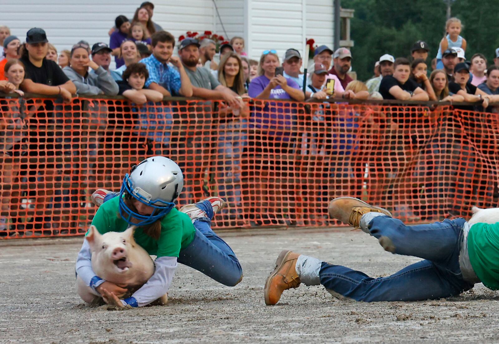 A group of young women chase after a group of pigs Sunday, August 6, 2023 during the Pig Scramble at the Champaign County Fair. BILL LACKEY/STAFF