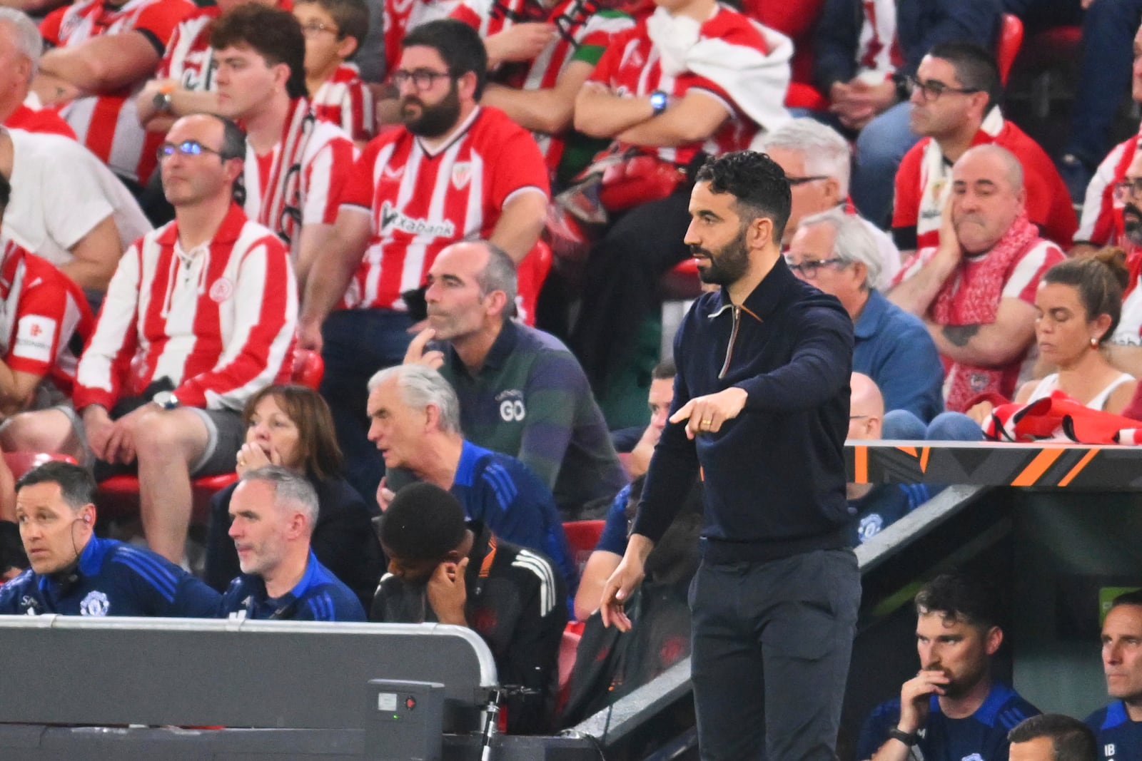 Manchester United's head coach Ruben Amorim reacts during the Europa League semifinal first leg soccer match between Athletic Bilbao and Manchester United at the San Mames stadium in Bilbao, Spain, Thursday, May 1, 2025. (AP Photo/Miguel Oses)