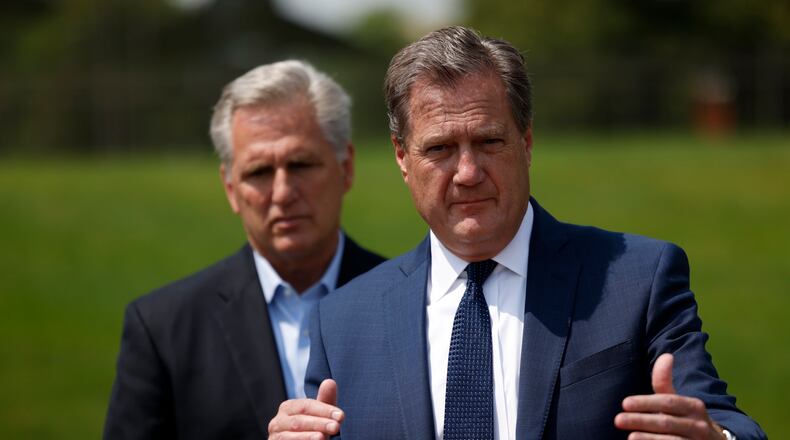Congressman Mike Turner and Republican House Minority Leader, Kevin McCarthy and Congressman Brad Wenstrup toured WPAFB Friday June 11, 2021. Jim Noelker /Staff