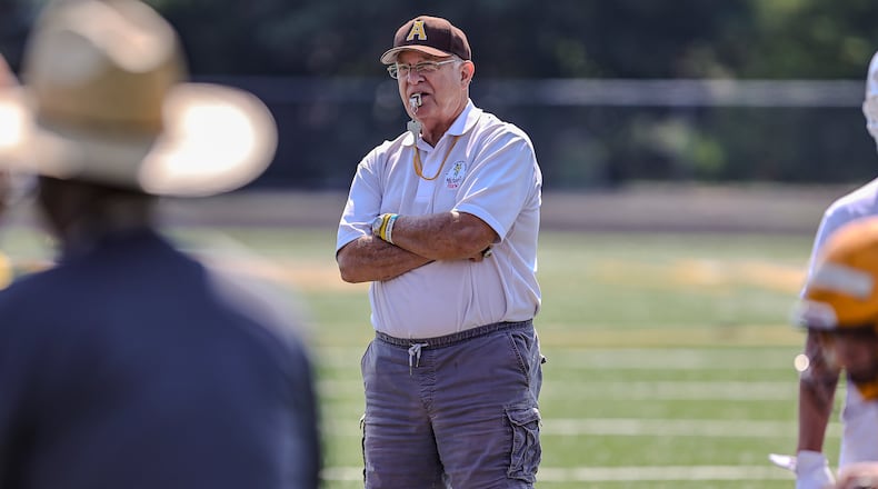Alter football coach Ed Domsitz watches practice on Friday, Aug. 1 in Kettering. Domsitz is entering his 50th season as a head coach. He also coached at Trotwood and Northmont. MICHAEL COOPER / STAFF
