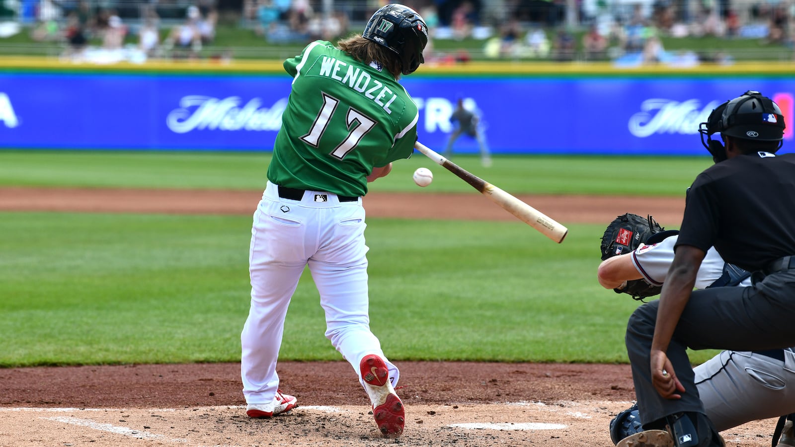 Davis Wendzell hits a double to start the third inning Sunday. He has been the DH and batting lead off this week on a rehab assignment from AAA Louisville. JEFF GILBERT/CONTRIBUTED
