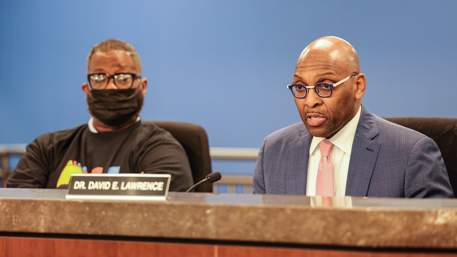 Dayton Public Schools Superintendent David Lawrence speaks while Board of Education president William Bailey listens during a special meeting on Tuesday, Feb. 3 in Dayton. BRYANT BILLING/STAFF