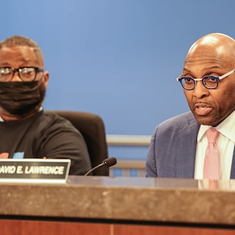 Dayton Public Schools superintendent David Lawrence speaks while Board of Education president William Bailey listens during a special meeting on Tuesday, Feb. 3 in Dayton. The board chose neither of two options it was considering for a levy in May but plans to place one on the November ballot. BRYANT BILLING/STAFF