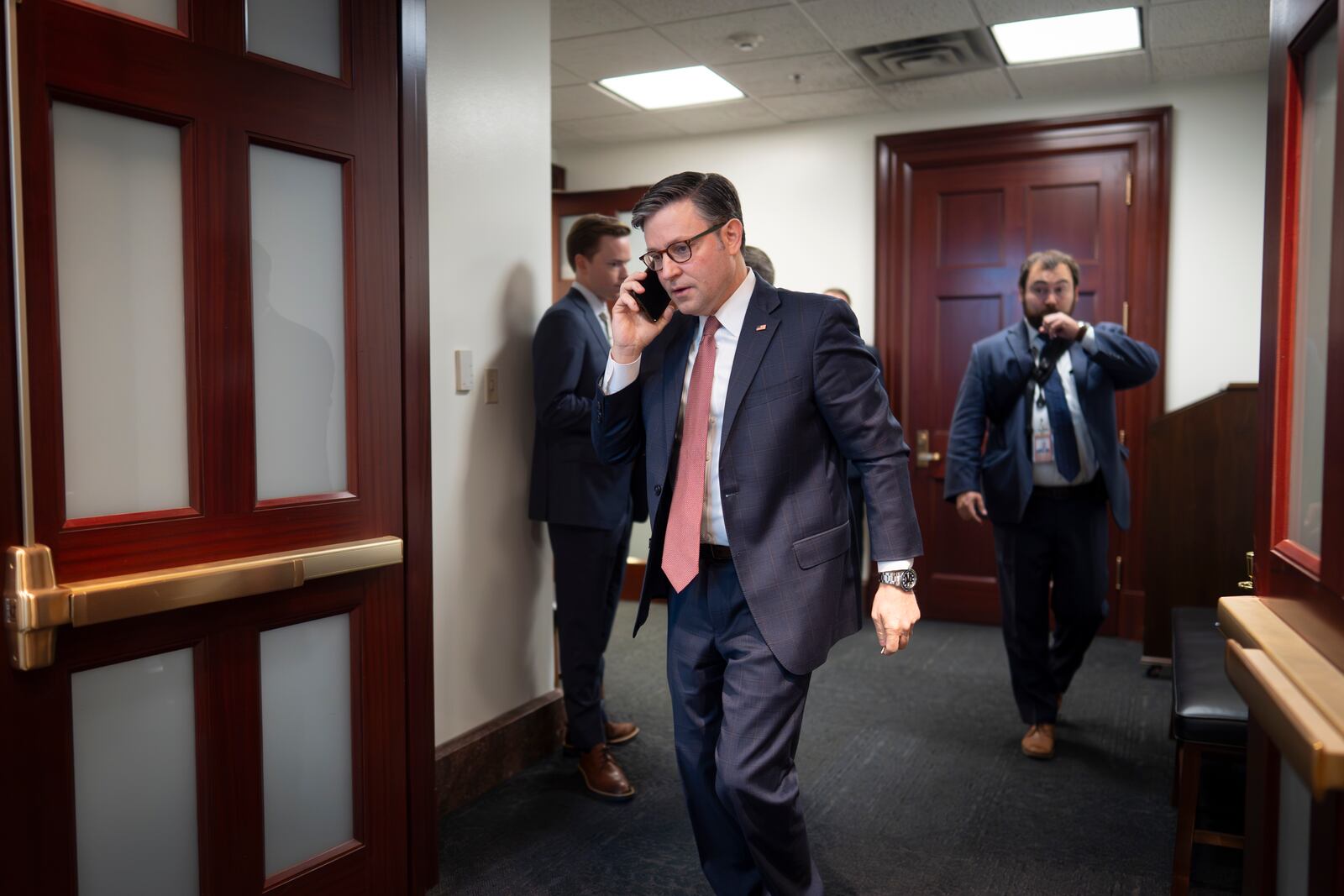 Speaker of the House Mike Johnson, R-La., arrives for an early morning strategy session with the Republican Conference, at the Capitol in Washington, Tuesday, July 22, 2025. (AP Photo/J. Scott Applewhite)