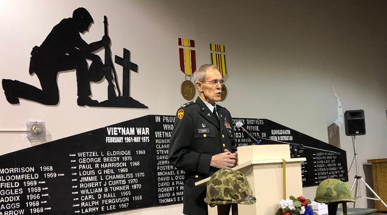 Dr. James Thomas Hardy, Chief of Staff at Dayton VA Health Care, shared his experiences as a young officer acting as adviser in combat in Vietnam and serving veterans as a physician as the keynote speaker at the Vietnam Veterans Day of Remembrance on Saturday. Photo by Brett Turner