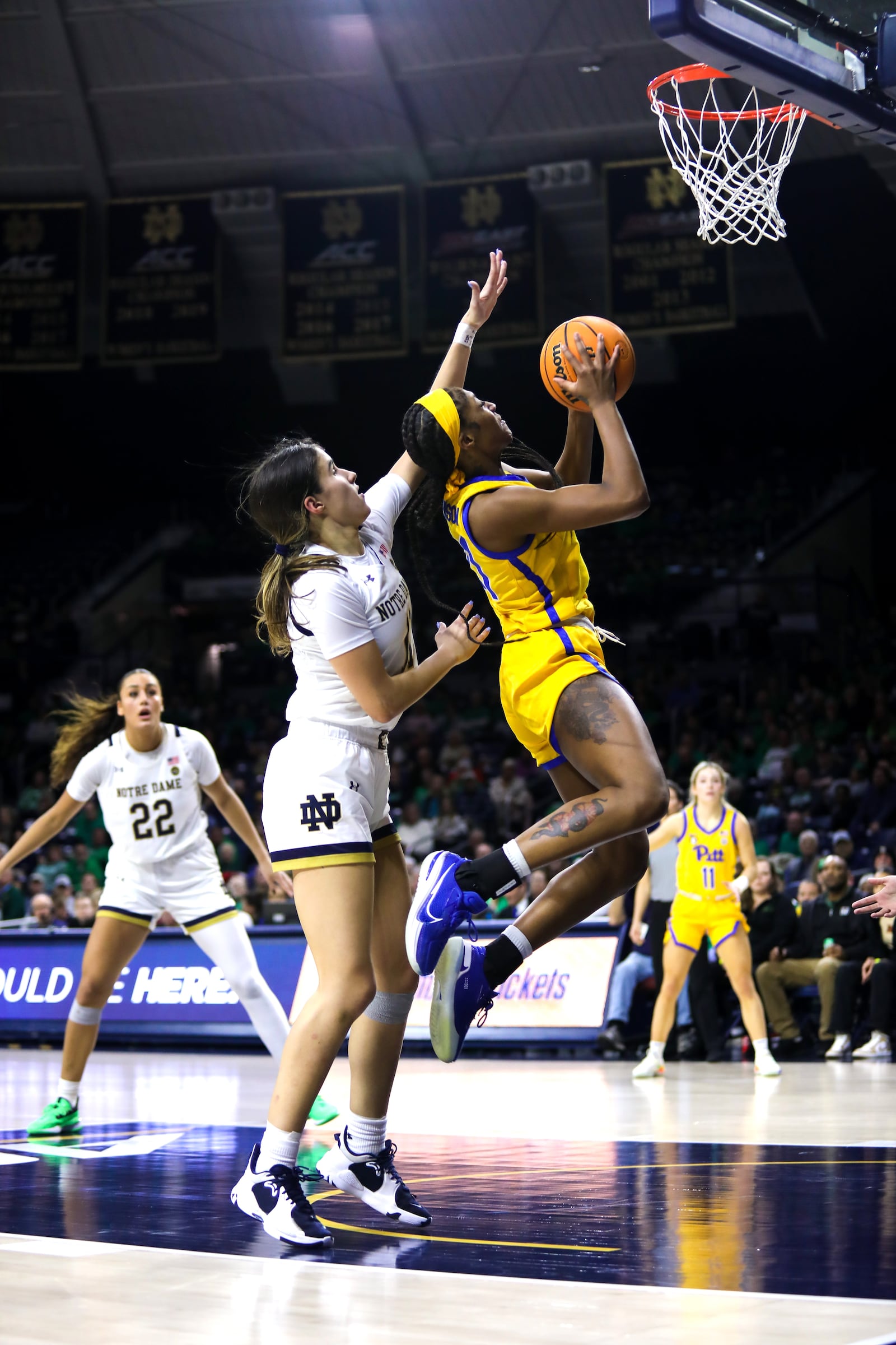 Maliyah Johnson drives through the Notre Dame defense and goes up for a shot  when she was playing at Pitt.  She played in 27 games for the Panthers her freshman year and had 26 starts as a sophomore.  With the addition of three transfer portal players and a freshman, the Flyers hope to get back to the glory days they regularly had a few years back. Johnson,  meanwhile, is hoping to return to peak form after missing last season at Houston following major knee surgery. CONTRIBUTED PHOTO