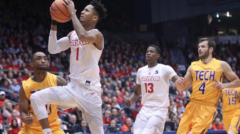 Dayton’s Darrell Davis scores against Tennessee Tech on Wednesday, Dec. 6, 2017, at UD Arena. David Jablonski/Staff