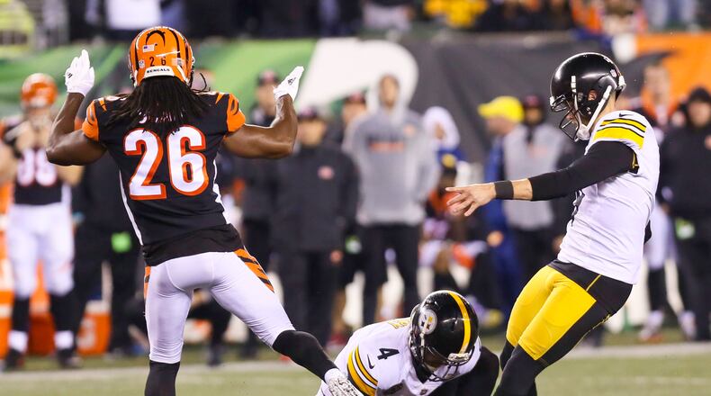 Cincinnati Bengals player Josh Shaw is offsides for Pittsburgh kicker Chris Boswell’s game-winning field goal attempt in Monday night’s 23-20 Steelers win. GREG LYNCH/STAFF PHOTO