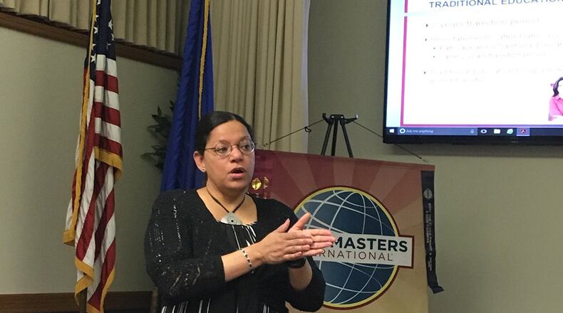 Special guest speaker Estelle Gibson tells a Toastmasters club at Wright-Patterson Air Force Base about Pathways, new program format for Toastmaster’s that combines aspects of both leadership and communication and fuses them into a more individually tailored learning experience. (U.S. Air Force photo/Jeannie Masters)