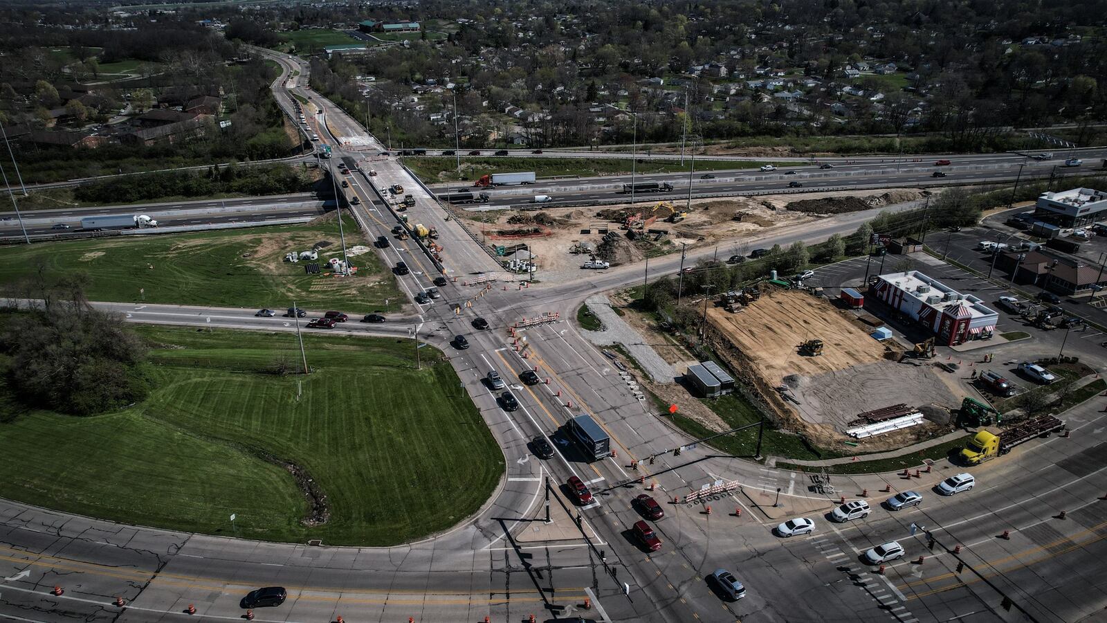 Drivers can expect delays in both direction on Woodman Drive to Burkhardt Road because of a $10.3 million project. The work is part of the multi-phase U.S. 35 improvements. This is an aerial photo of the Woodman Linden interchange looking north. JIM NOELKER/STAFF