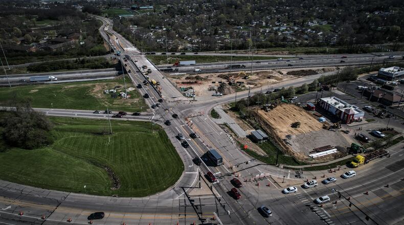 The U.S. 35/Woodman Drive interchange’s eastbound entrance and exit ramps, seen here near the center just beyond the Linden Avenue/Woodman intersection, will be the next to close as part of the Ohio Department of Transportation’s $10.3 million project in Riverside, according to the state. JIM NOELKER/STAFF