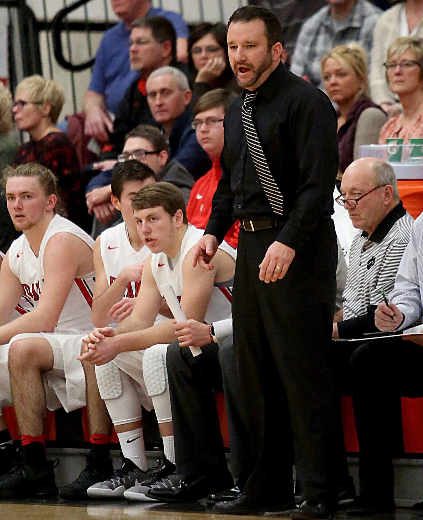 Franklin coach Brian Bales watches his team during Tuesday night’s game against Oakwood at Darrell Hedric Gymnasium in Franklin. CONTRIBUTED PHOTO BY E.L. HUBBARD