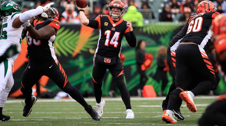 CINCINNATI, OHIO - DECEMBER 01: Andy Dalton #14 of the Cincinnati Bengals throws a pass during the game against the New York Jets at Paul Brown Stadium on December 01, 2019 in Cincinnati, Ohio. (Photo by Andy Lyons/Getty Images)