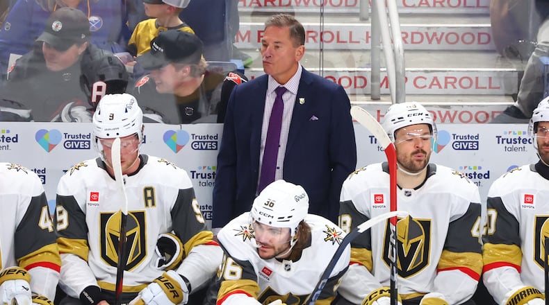 FILE - Vegas Golden Knights head coach Bruce Cassidy looks on during the third period of an NHL hockey game against the Buffalo Sabres, March 3, 2026, in Buffalo, N.Y. (AP Photo/Jeffrey T. Barnes, File)