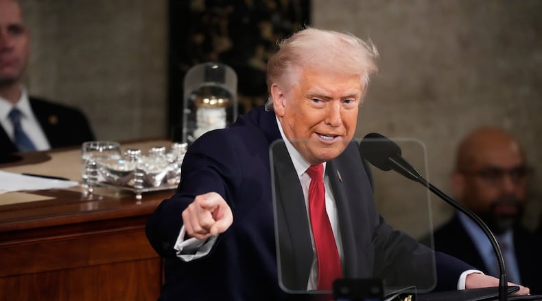 President Donald Trump delivers his State of the Union address to a joint session of Congress in the House chamber at the U.S. Capitol in Washington, Tuesday, Feb. 24, 2026. (AP Photo/Alex Brandon)