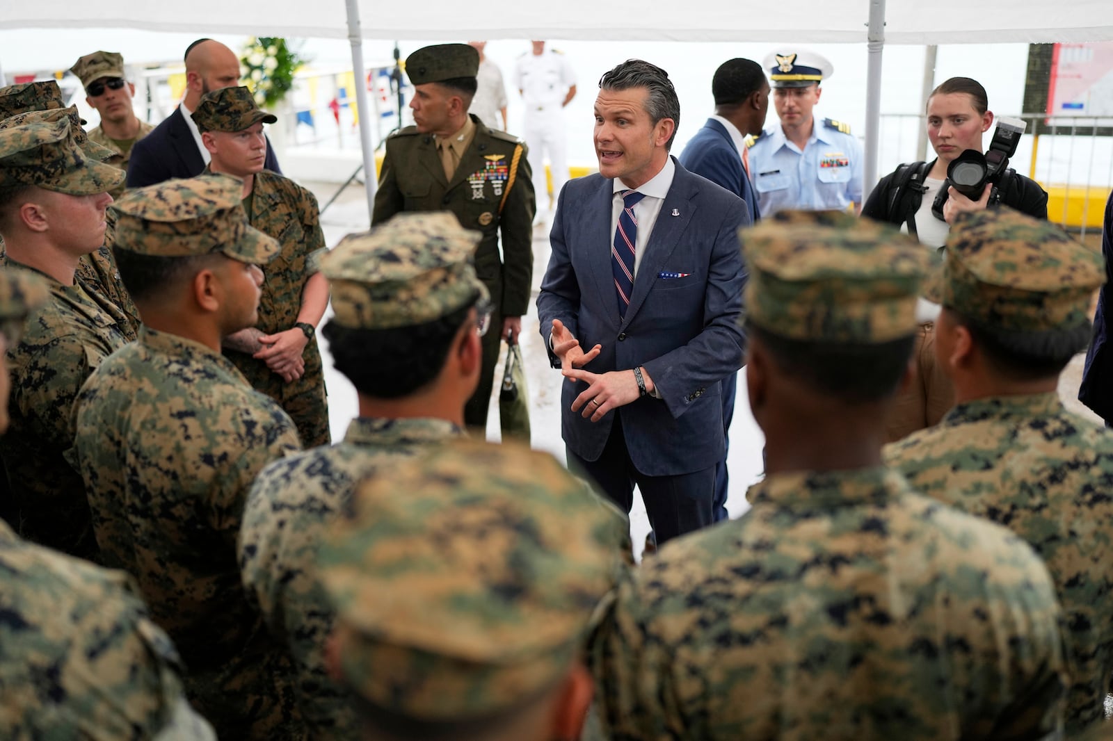 U.S. Defense Secretary Pete Hegseth speaks with U.S. troops after a joint drill with Panamanian forces at the Port of Rodman in West Panama, Tuesday, April 8, 2025. (AP Photo/Matias Delacroix)