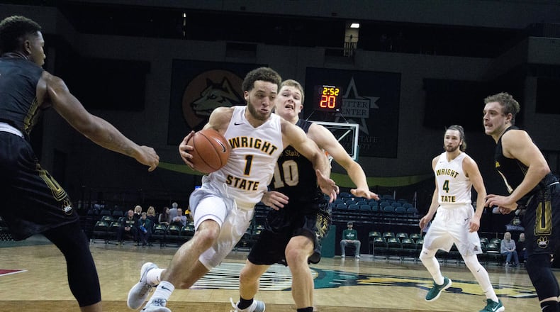 Wright State’s Justin Mitchell drives the lane during an exhibition game Nov. 3 vs. Wayne State. Allison Rodriguez/CONTRIBUTED PHOTO