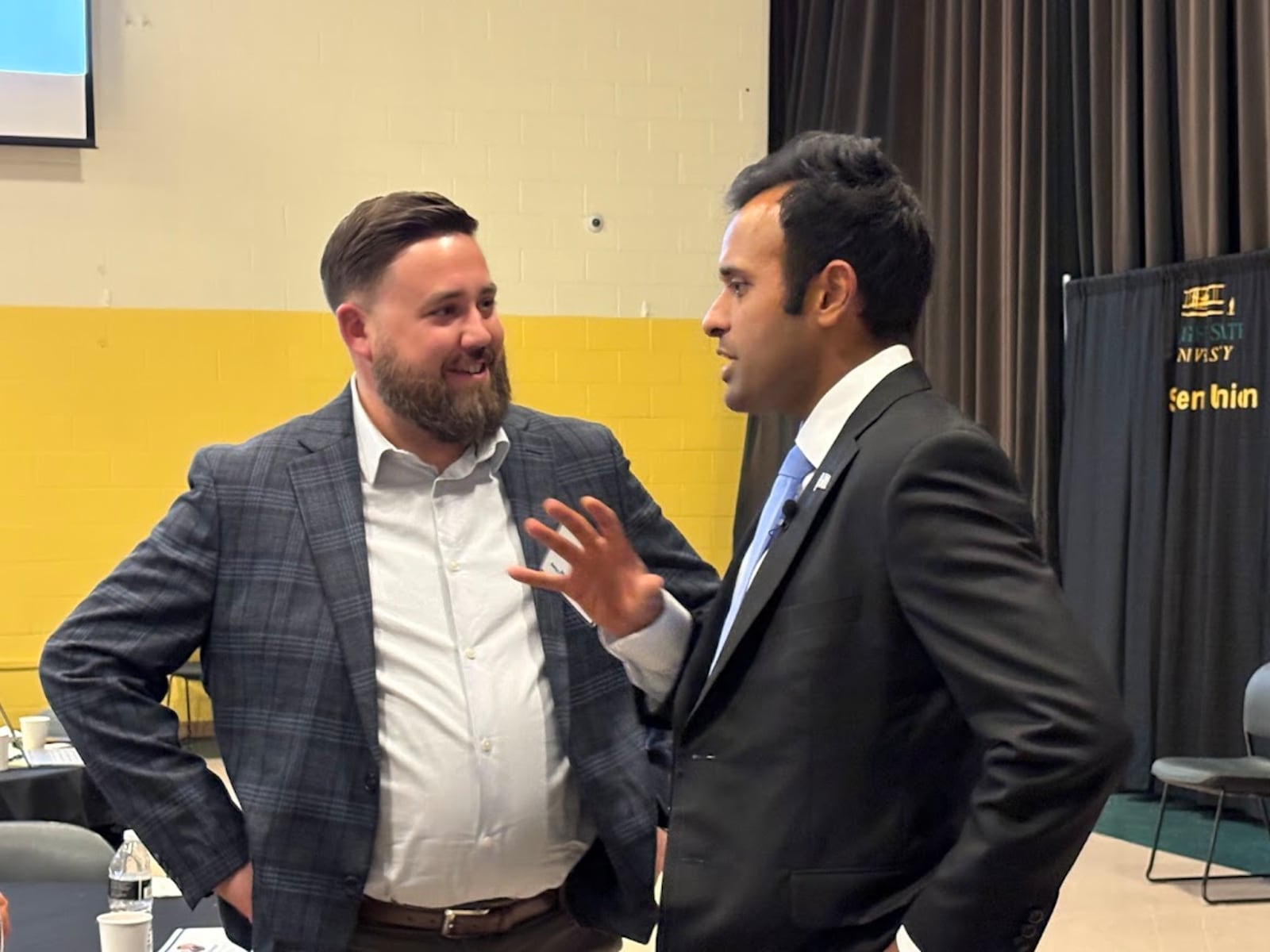 Vivek Ramaswamy, right, speaks with a supporter after delivering the keynote at an Ohio Chamber forum at Wright State University Tuesday, Aug. 26, 2025. Ramaswamy seeks the Republican nomination to run for Ohio governor. THOMAS GNAU/STAFF