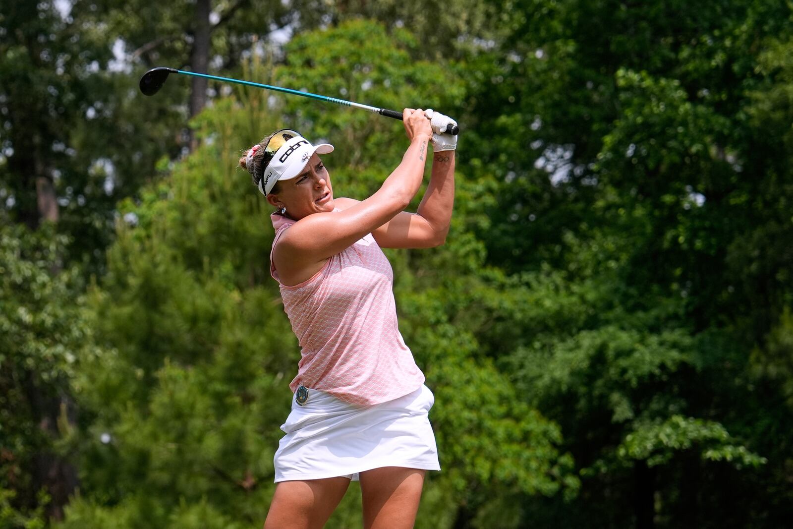 Lexi Thompson hits on the sixth hole during the second round of the Chevron Championship LPGA golf tournament Friday, April 25, 2025, in The Woodlands, Texas. (AP Photo/Ashley Landis)