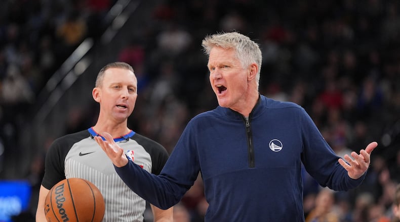 Golden State Warriors Head Coach Steve Kerr reacts to a play during the second half of an NBA basketball game against the Los Angeles Clippers Monday, Jan. 5, 2026, in Inglewood, Calif. (AP Photo/Jae C. Hong)