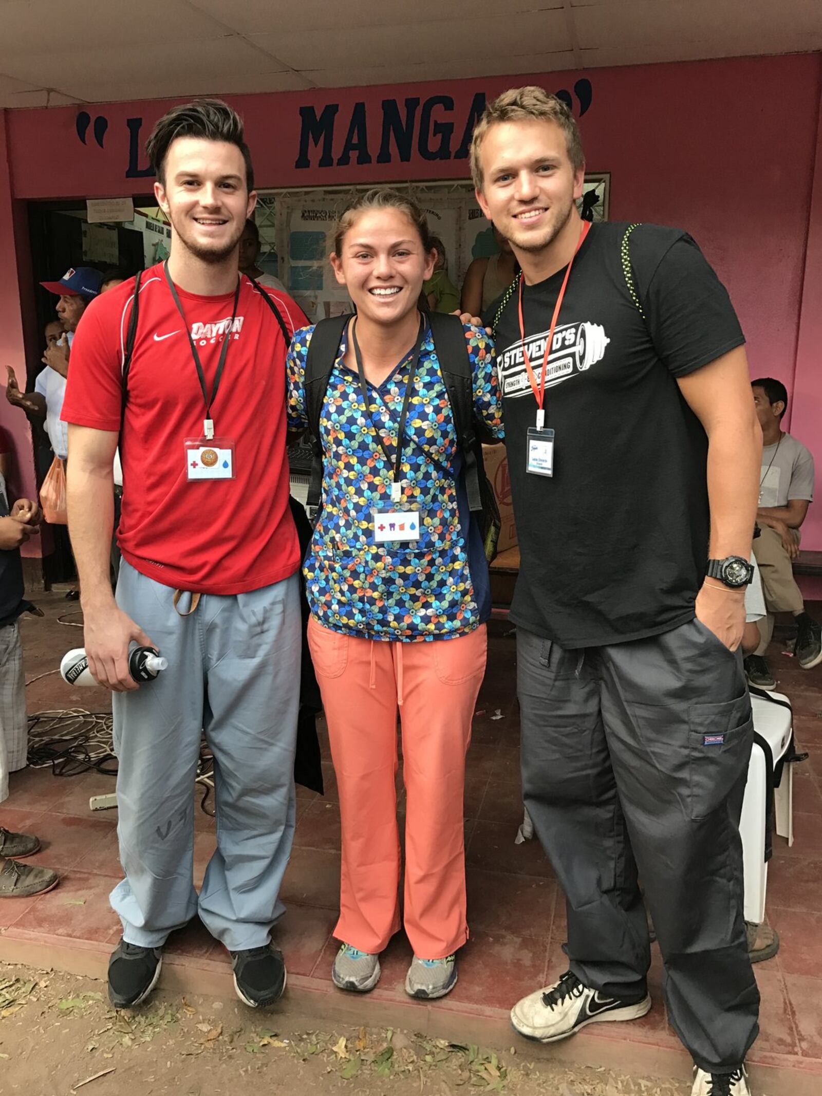 Men’s soccer player Aidan Bean, women s player Sarah Byrne and football player Lucas Edwards — three Univeristy of Dayton athletes who worked at a medical clinic in Las Mangas, Nicaragua in January. CONTRIBUTED