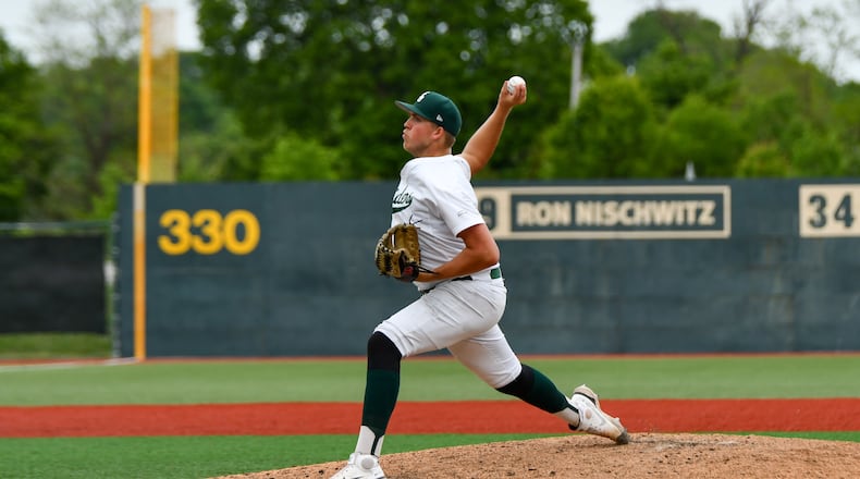 Wright State's Tristan Haught fires a pitch plateward in Sunday's Horizon League championship game vs. Oakland. Wright State Athletics photo