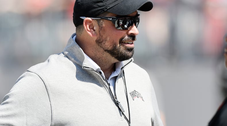 Ohio State head coach Ryan Day watches his team during their spring NCAA college football game, Saturday, April 15, 2023, in Columbus, Ohio. (AP Photo/Jay LaPrete)