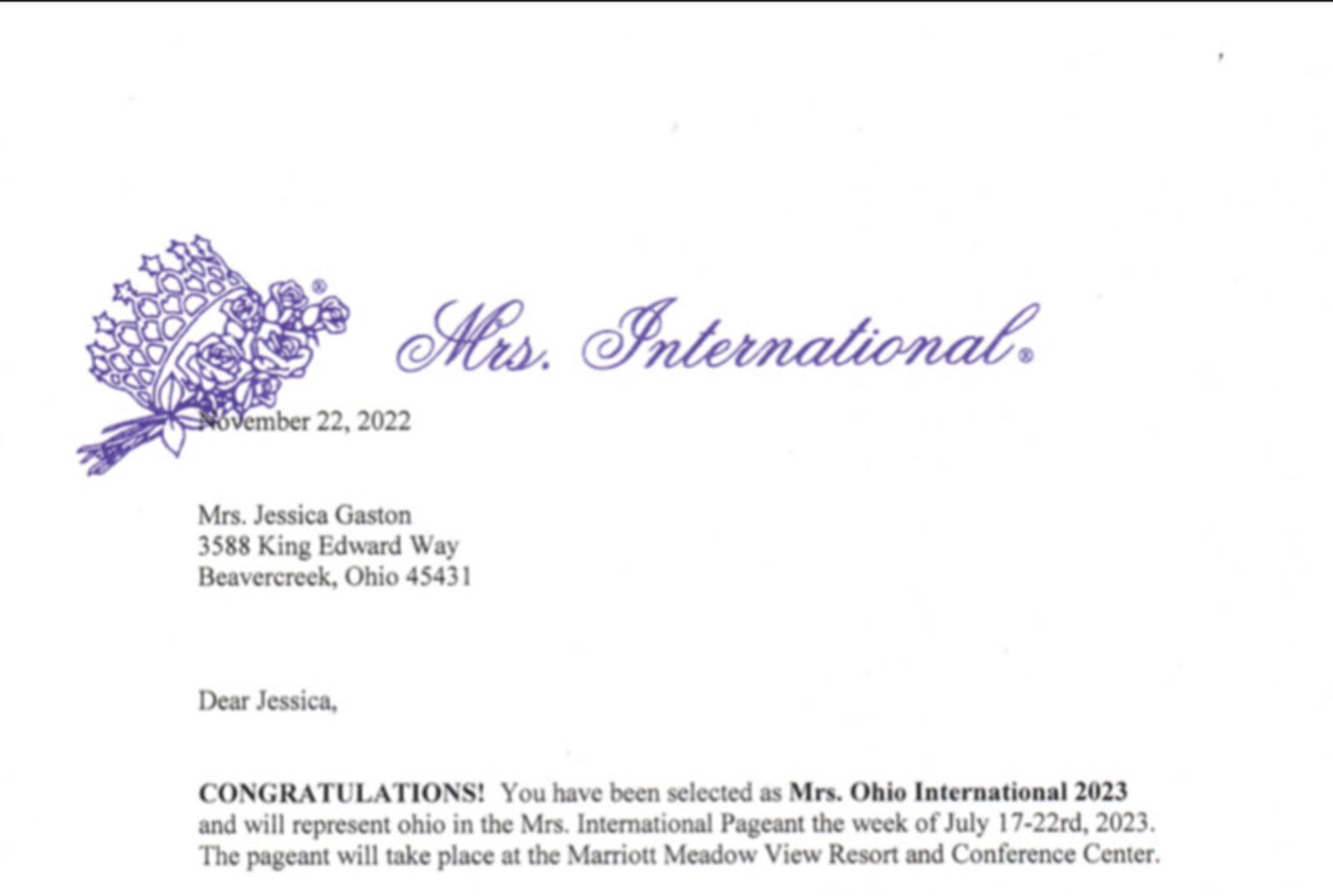 This is Jessica Gaston's letter that informed her she won Mrs. Ohio International 2023. CONTRIBUTED PHOTO
