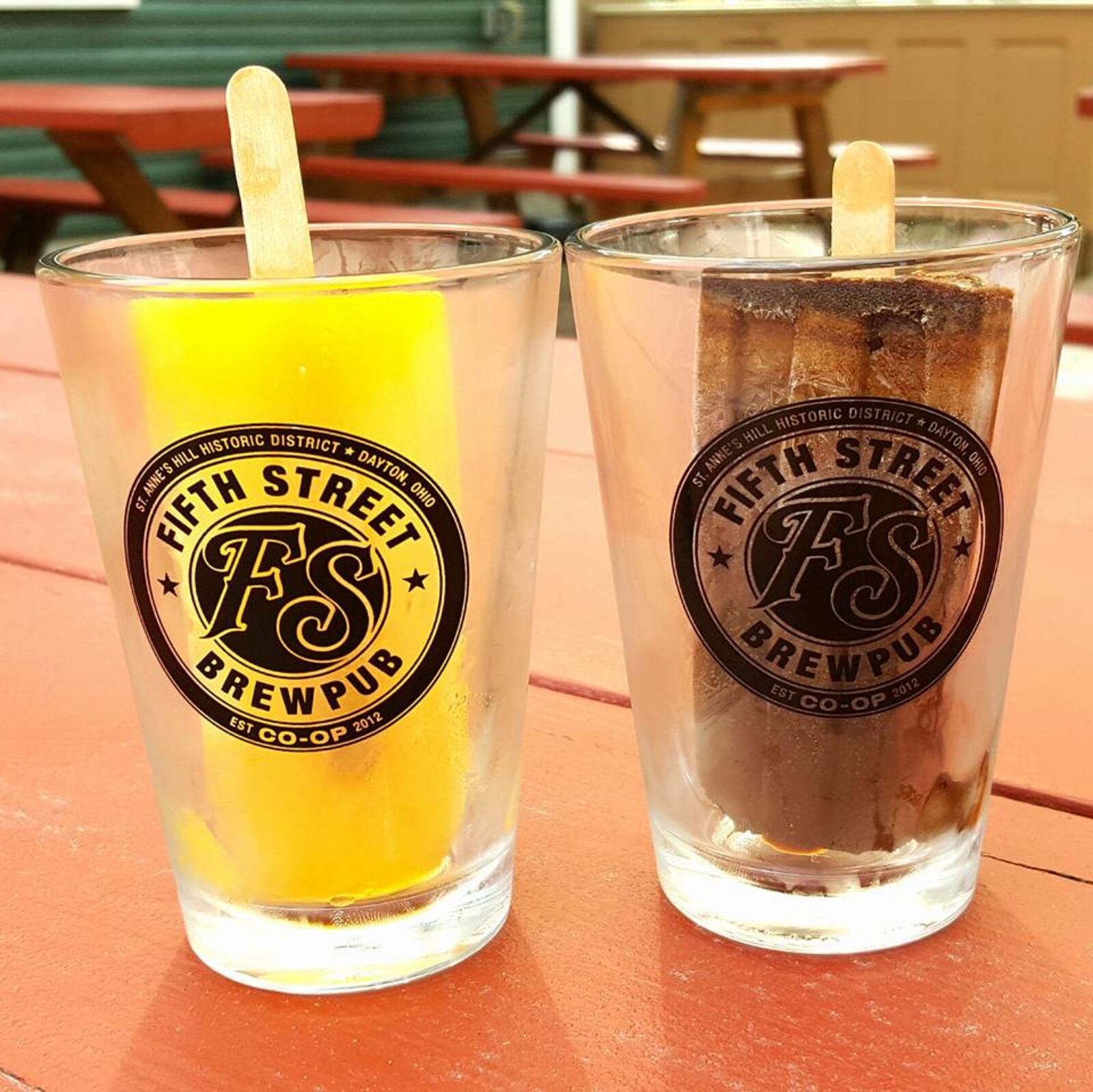 Orange Saison and Mint Cookie Stout beer popsicles, part of a beer-infused menu at Fifth Street Brewpub during Dayton Beer Week. Photo from Fifth Street Brewpub Facebook page.