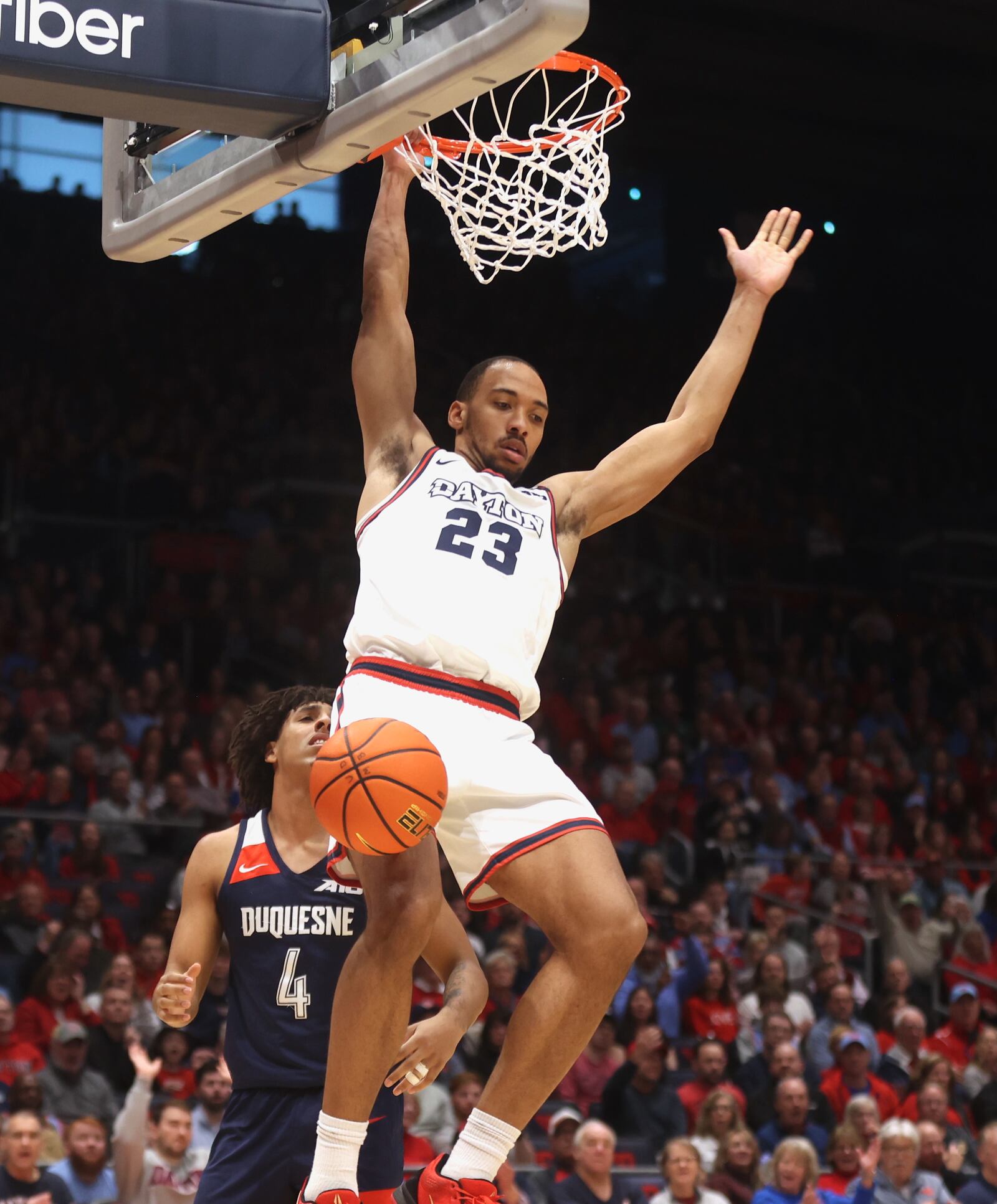 Dayton's Zed Key dunks in the first half against Duquesne on Saturday, Feb. 15, 2025, at UD Arena. David Jablonski/Staff