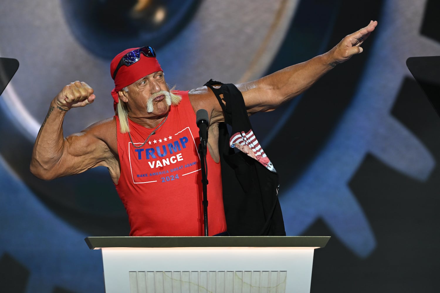 Hulk Hogan tears his shirt off as he speaks on the fourth and final night of the Republican National Convention at the Fiserv Forum in Milwaukee, on Thursday, July 18, 2024. (Kenny Holston/The New York Times)