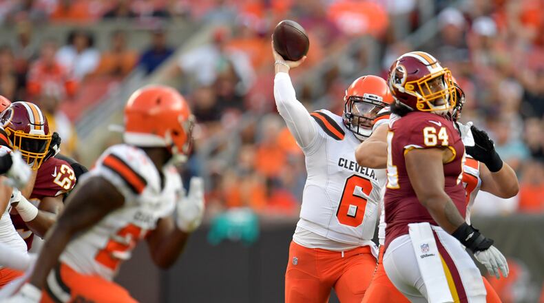 CLEVELAND, OHIO - AUGUST 08: Quarterback Baker Mayfield #6 of the Cleveland Browns passes during the first half of a preseason game against the Washington Redskins at FirstEnergy Stadium on August 08, 2019 in Cleveland, Ohio. (Photo by Jason Miller/Getty Images)