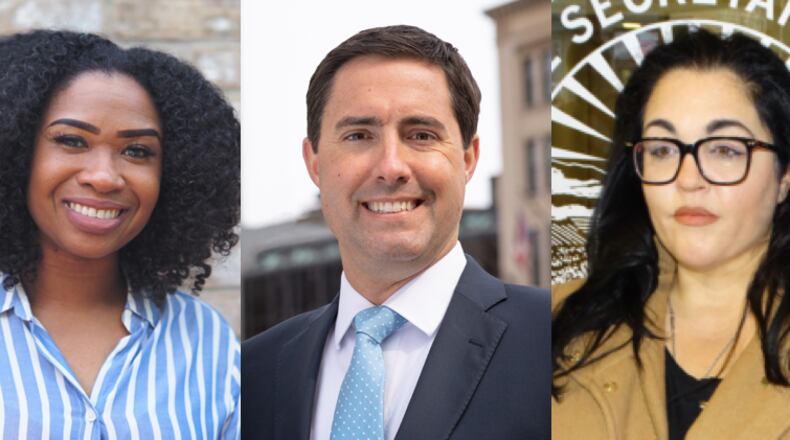 The candidates for Ohio Secretary of State in the November 2022 election are, from left, Chelsea Clark, Frank LaRose and Terpsehore Tore Maras