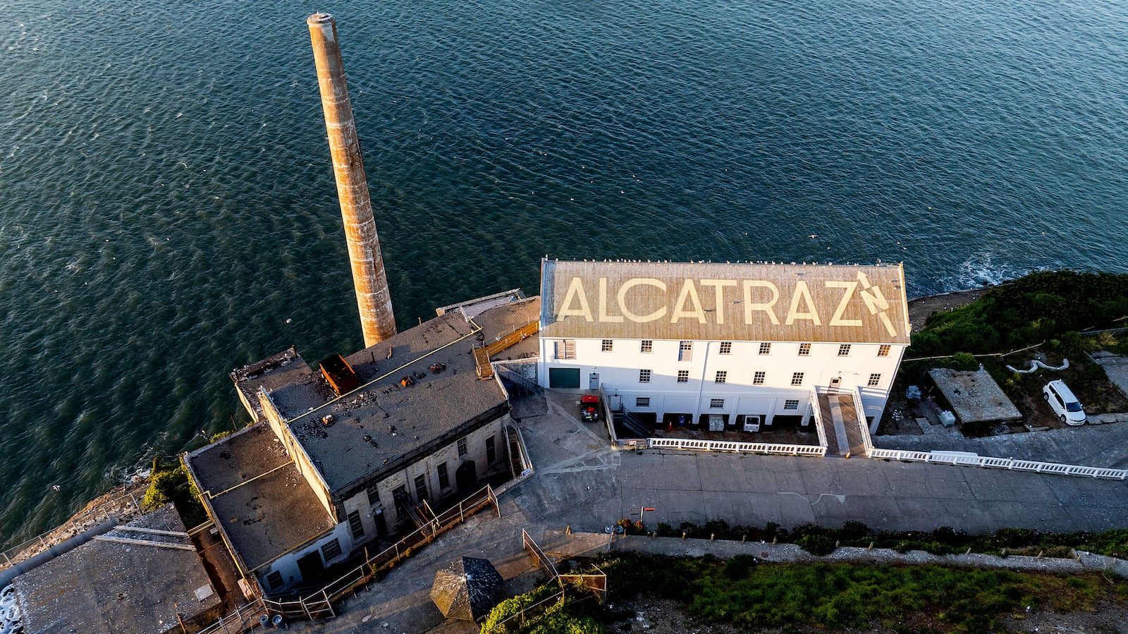 A building stands on Alcatraz Island on Sunday, May 4, 2025, in the San Francisco Bay, Calif. (AP Photo/Noah Berger)