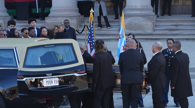 The casket with Reverend Jesse Jackson arrives before a public visitation at Rainbow/PUSH Coalition in Chicago, Thursday, Feb. 26, 2026. (AP Photo/Nam Y. Huh)