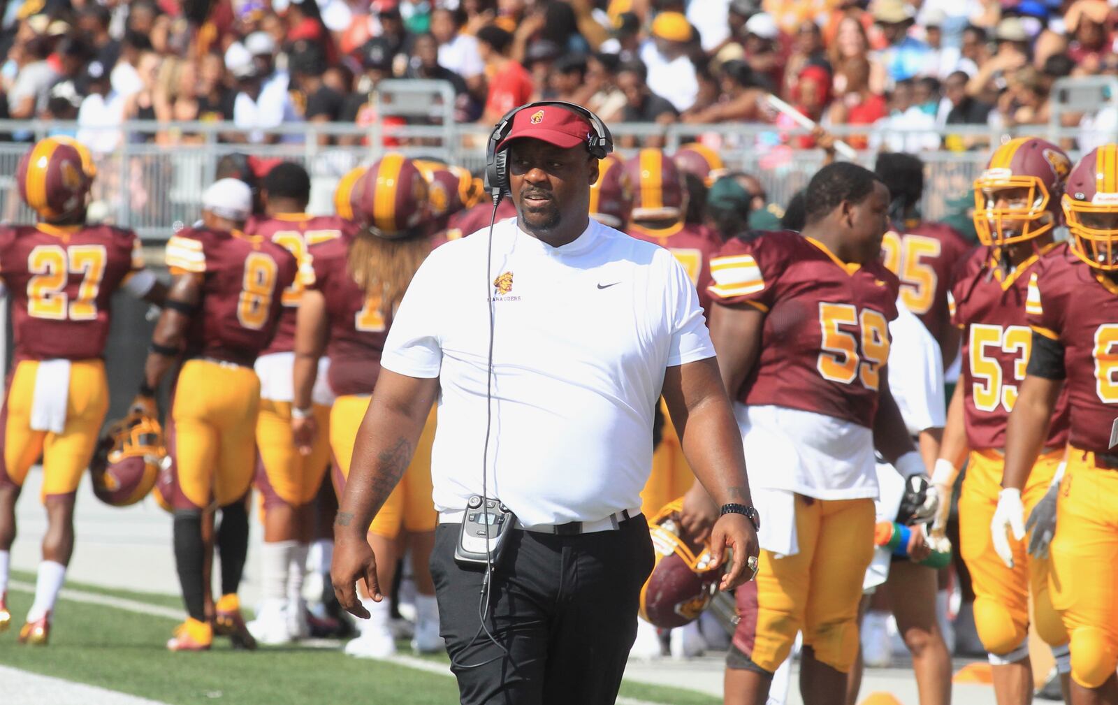 Central State coach Bobby Rome II watches the action in the first half against Kentucky State on Saturday, Aug. 28, 2021, at Ohio Stadium in Columbus. David Jablonski/Staff