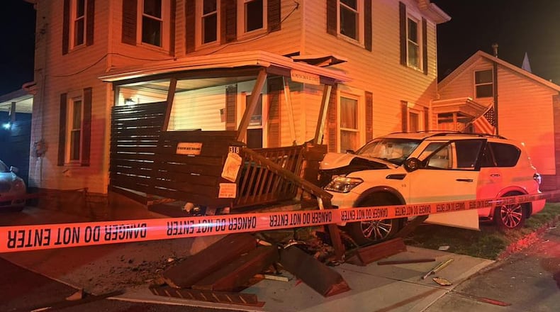 An SUV strikes a house in the 300 block of North First Street in Miamisburg Friday morning on March 20, 2026. Photo courtesy Miami Valley Fire District.