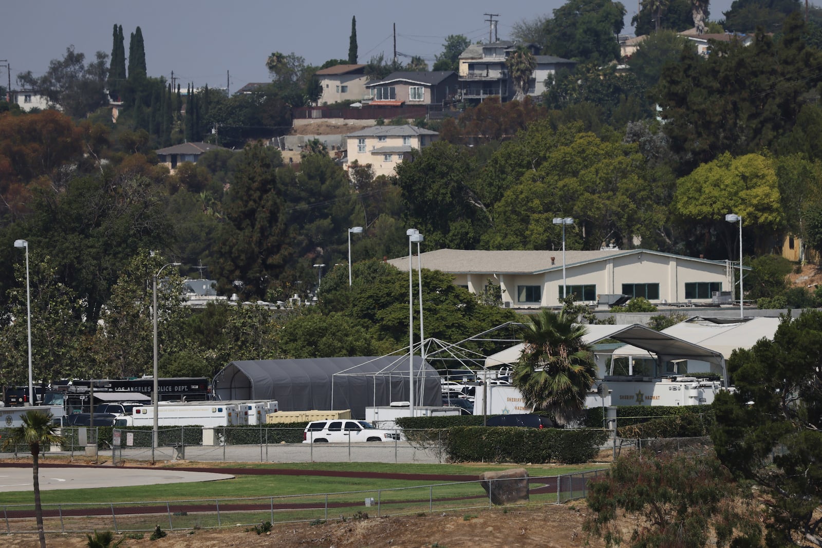 The Biscailuz Training Facility, where an exploding occurred, is shown on Friday, July 18, 2025, in Los Angeles. (AP Photo/Etienne Laurent)