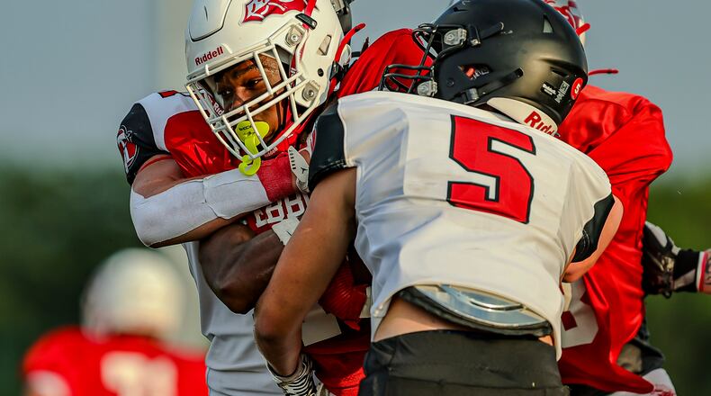 Stebbins hosted Tecumseh in the final preseason scrimmage of the season on Thursday, Aug. 14 at Edmundson Stadium in Riverside. MICHAEL COOPER / STAFF PHOTO
