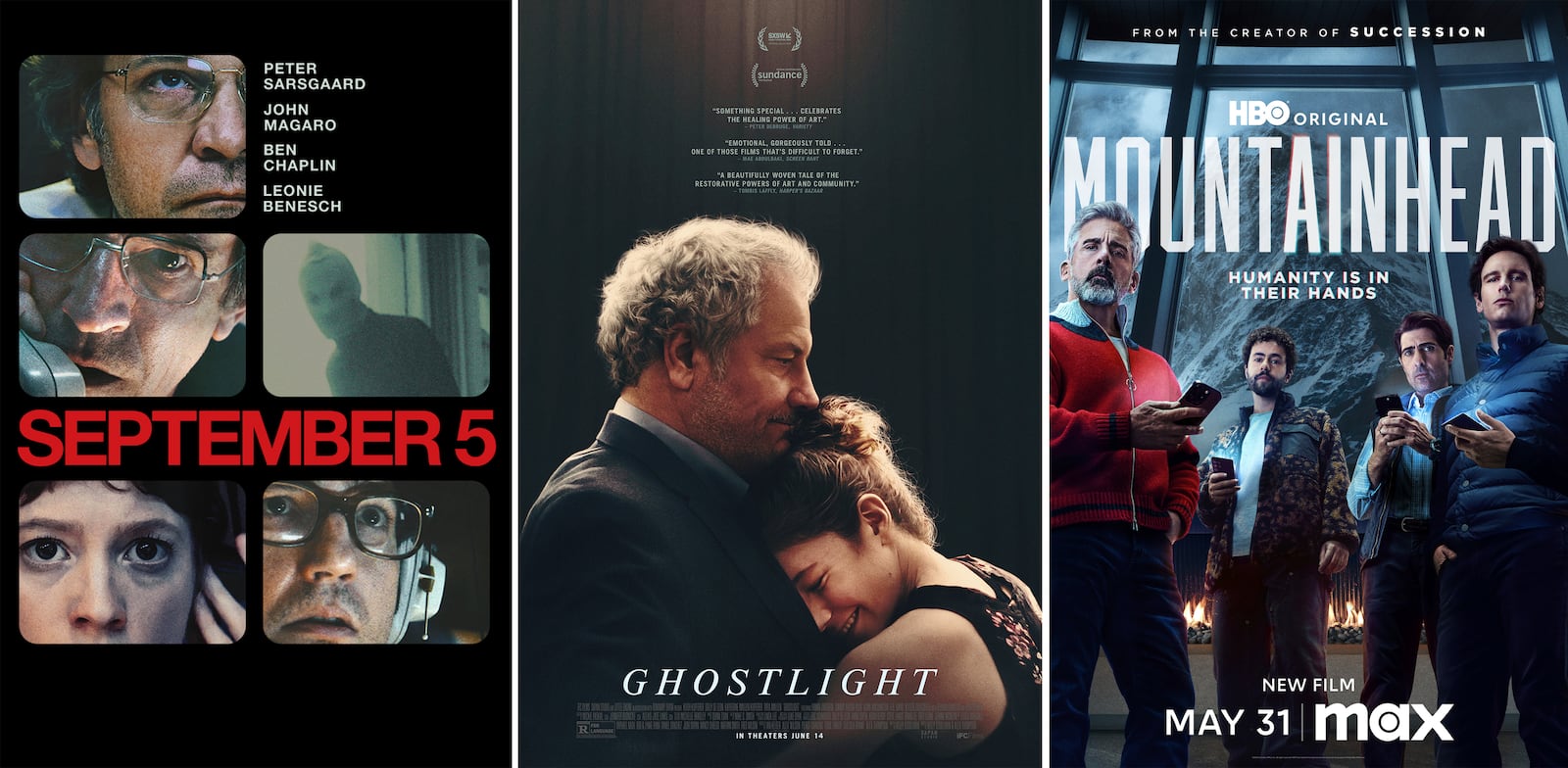 This combination of images shows promotional art for "September 5", from left, "Ghostlight", and "Mountainhead." (Prime Video/Kanopy/HBO Max via AP)