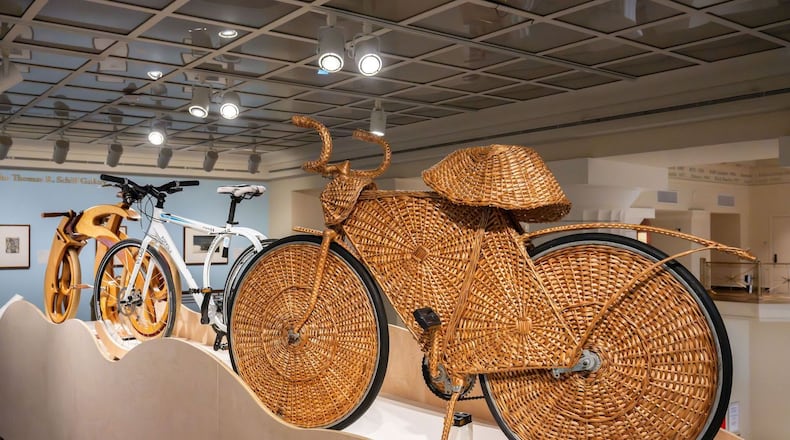 "Cycles Thru!" features a variety of amazing bicycles. This bicycle, covered in wicker, is still functional.
Photo credit: Phil Armstrong.