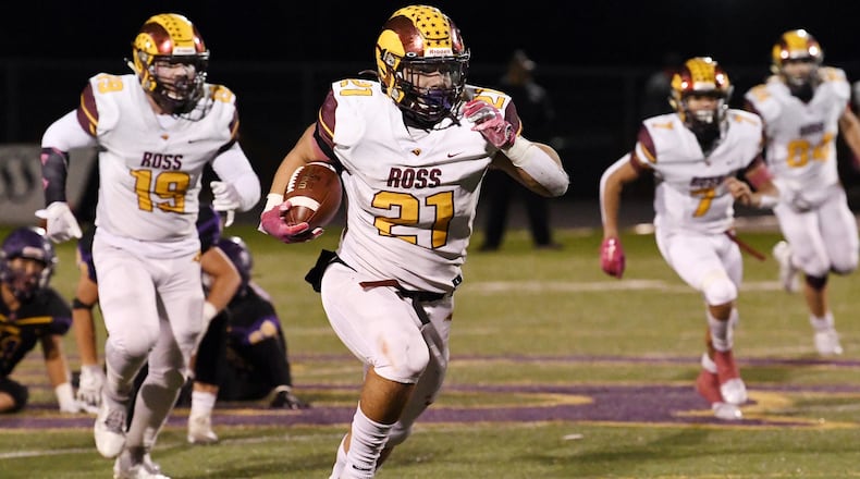 Ross senior Jackson Gifford rushed for 243 yards Friday night as the Rams beat top-seeded Bellbrook 41-19 in a Division III, Region 12 semifinal. Nick Falzerano/CONTRIBUTED