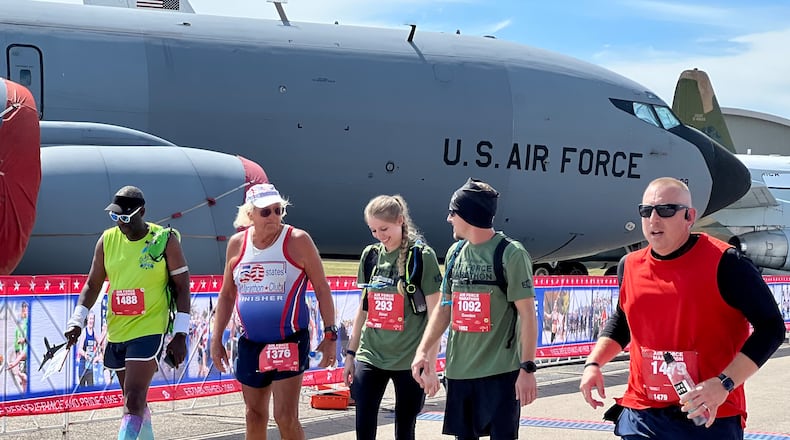 Participants near the finish line during Saturday's annual Air Force Marathon. AIMEE HANCOCK/STAFF