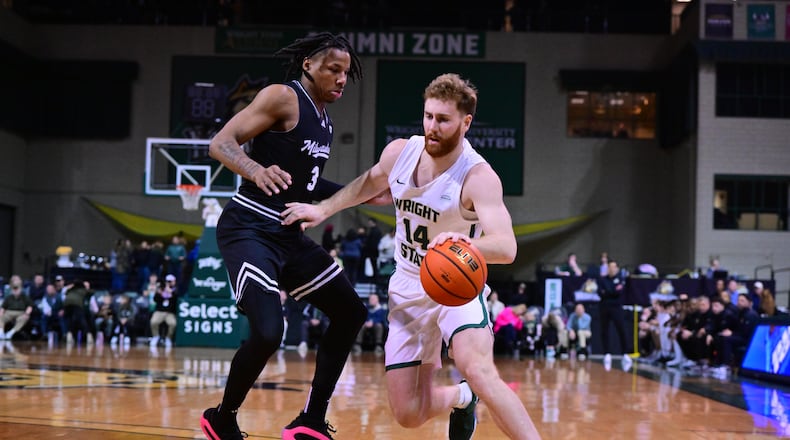 Wright State's Brandon Noel drives against Milwaukee's Jamichael Stillwell during a game earlier this season at the Nutter Center. Joe Craven/Wright State Athletics