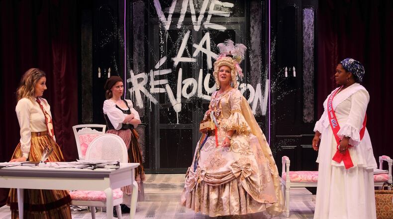 (left to right) Ginna Hoben (Olympe de Gouges), Tess Talbot (Charlotte Corday), Maggie Lou Rader (Marie Antoinette), and Torie Wiggins (Marianne Angelle) in the Human Race Theatre Company's production of "The Revolutionists."