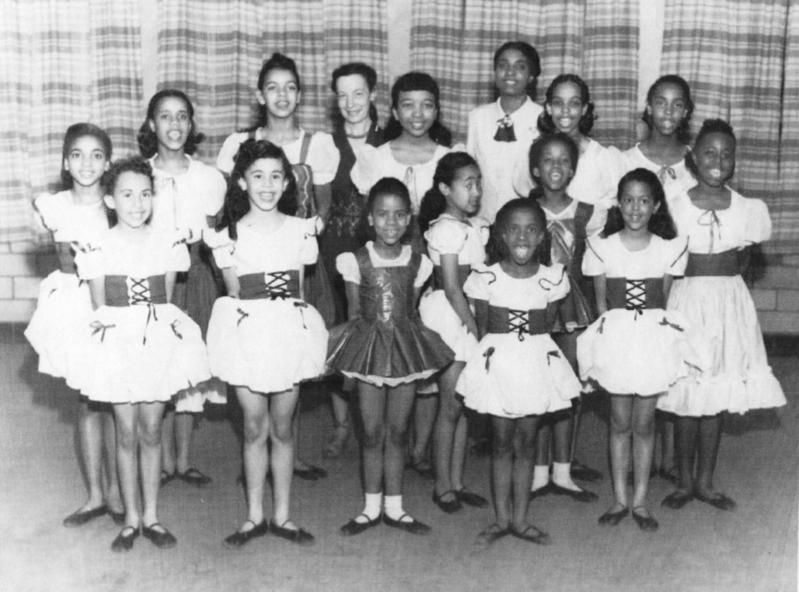 ‘Miss Jo,’ Josephine Schwarz (back, 4th from L) with her students at the Linden Center Dance School in the late 1940s, including future DCDC founder Jeraldyne Blunden (back, R), and her sister, Carol Ann Shockley (front, 4th from L). PHOTO COURTESY OF DCDC