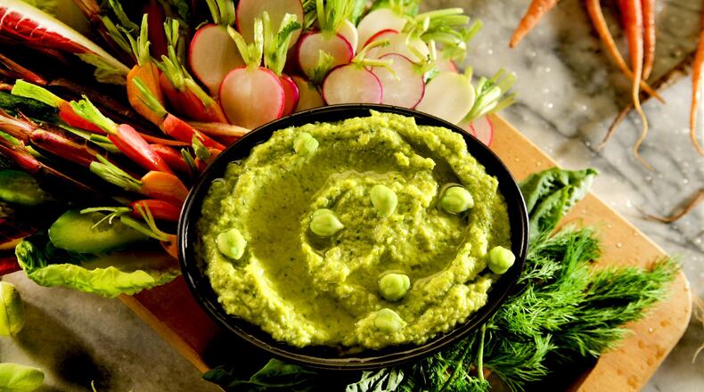 Green Chick Pea Hummus with pita and credite. (Kirk McKoy/Los Angeles Times/TNS)