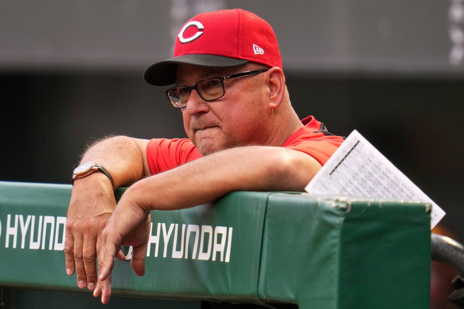 Cincinnati Reds manager Terry Francona stands in the dugout during the first inning of a baseball game against the Pittsburgh Pirates in Pittsburgh, Thursday, Aug. 7, 2025. (AP Photo/Gene J. Puskar)