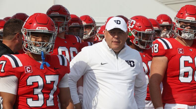 Dayton coach Trevor Andrews waits to lead the team onto the field before a game against Davidson on Saturday, Oct. 12, 2024, at Welcome Stadium. David Jablonski/Staff